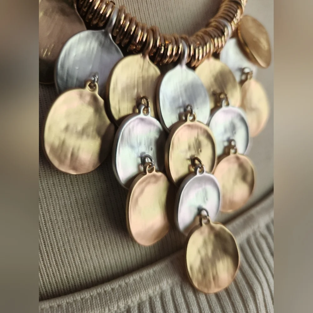 💛Goldtone and Silvertone🤍 Disc Statement Piece w/ Silvertone Cord Necklace - Picture 9 of 16